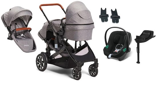 Visa mer info om denna barnvagn Beemoo Maxi 4 Twin Syskonvagn Inkl. Syskonsits & Cybex Aton B2 Babyskydd & Bas, Grey/Volcano