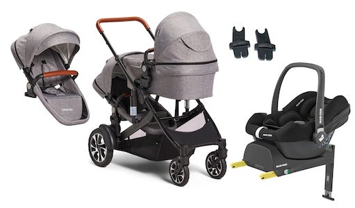 Visa mer info om denna barnvagn Beemoo Maxi 4 Twin Syskonvagn Inkl. Syskonsits & Maxi-Cosi CabrioFix Babyskydd & Bas, Grey